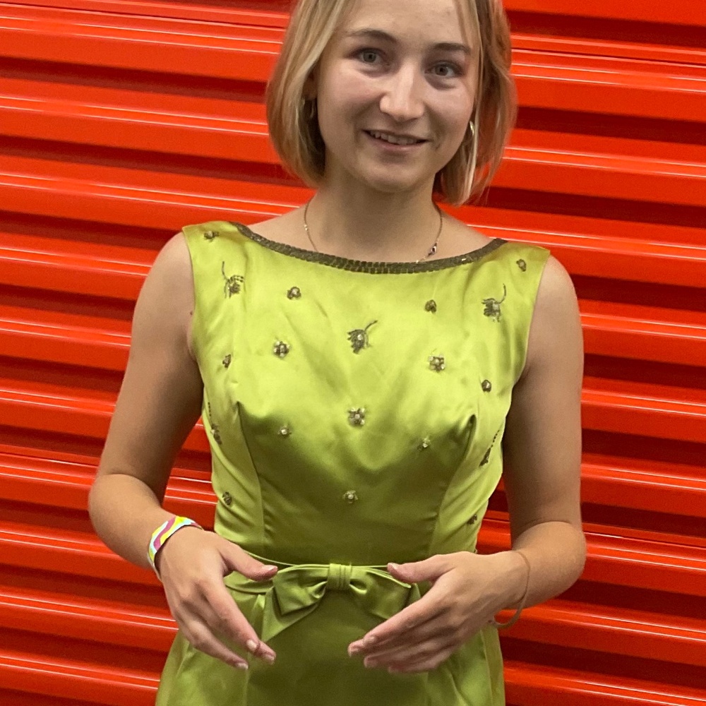 60s Green Satin Beaded Evening Gown